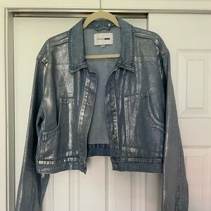 Silver Metallic Foil Cropped Denim Jacket